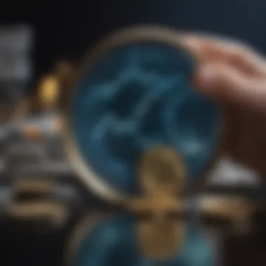 A magnifying glass over a cryptocurrency coin symbolizing analysis