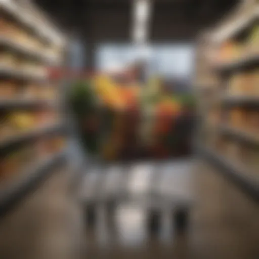 A beautifully arranged grocery cart filled with fresh produce and pantry staples.