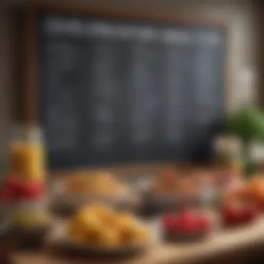 An organized meal plan displayed on a chalkboard with colorful ingredients beside it.