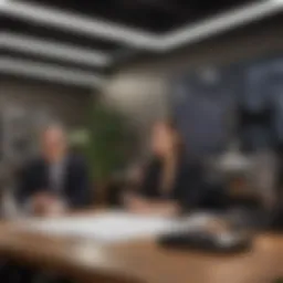 A modern office environment with professionals collaborating over financial reports.