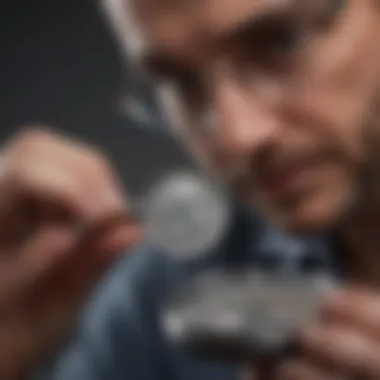 An expert examining a dime using a magnifying glass to assess its condition