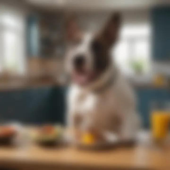 A cheerful English Bull Terrier enjoying a healthy meal in a modern kitchen.