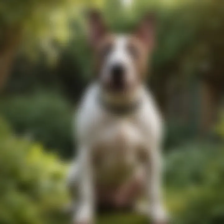 A majestic English Bull Terrier posing confidently in a lush garden.