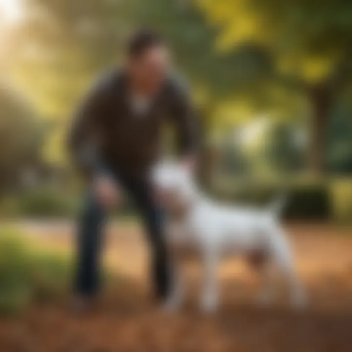 A playful English Bull Terrier engaging with its owner in a vibrant park setting.