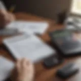 A person analyzing financial statements with a calculator on a desk