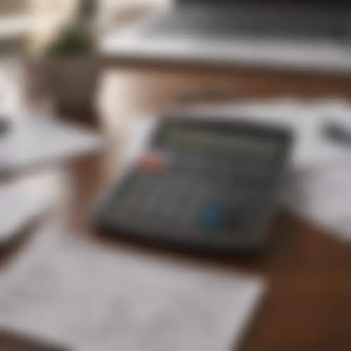 A calculator and tax forms laid out on a desk, representing financial calculations.