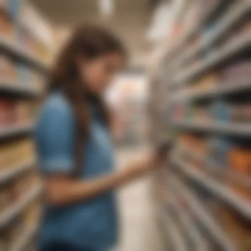 A shopper comparing prices on a smartphone while navigating a retail aisle.