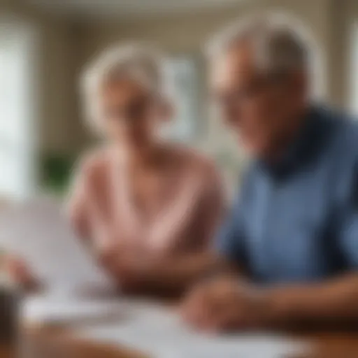 An elderly couple reviewing financial documents at home