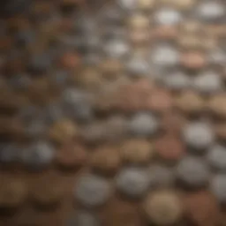 A close-up of various coins arranged neatly on a wooden surface, showcasing their diversity.